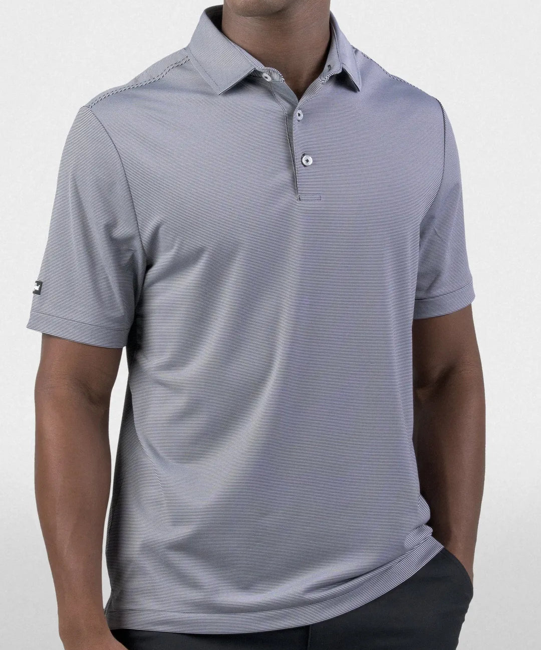 Club Polo in grey micro-stripe, cropped front view on model