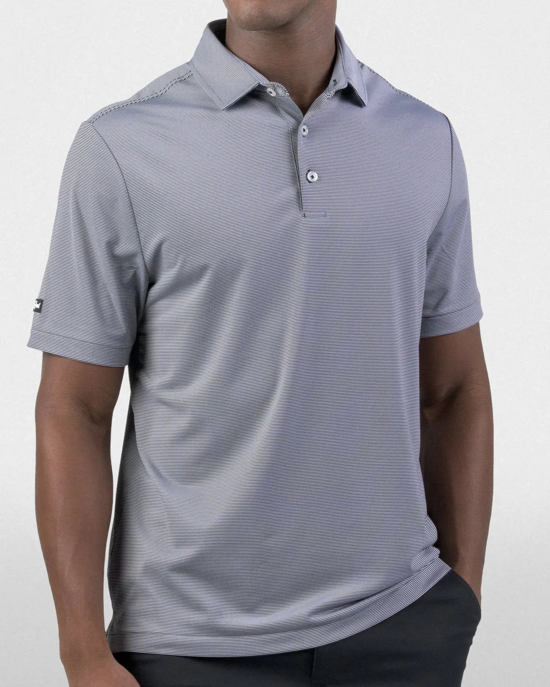 Club Polo in grey micro-stripe, cropped front view on model
