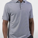 Club Polo in grey micro-stripe, cropped front view on model
