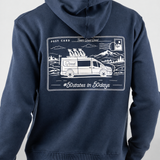 Good Days Ahead Fleece Hoodie in navy, back view on model showing white postcard graphic