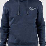 Good Days Ahead Fleece Hoodie in navy, front view on model with white Good Days Ahead chest print