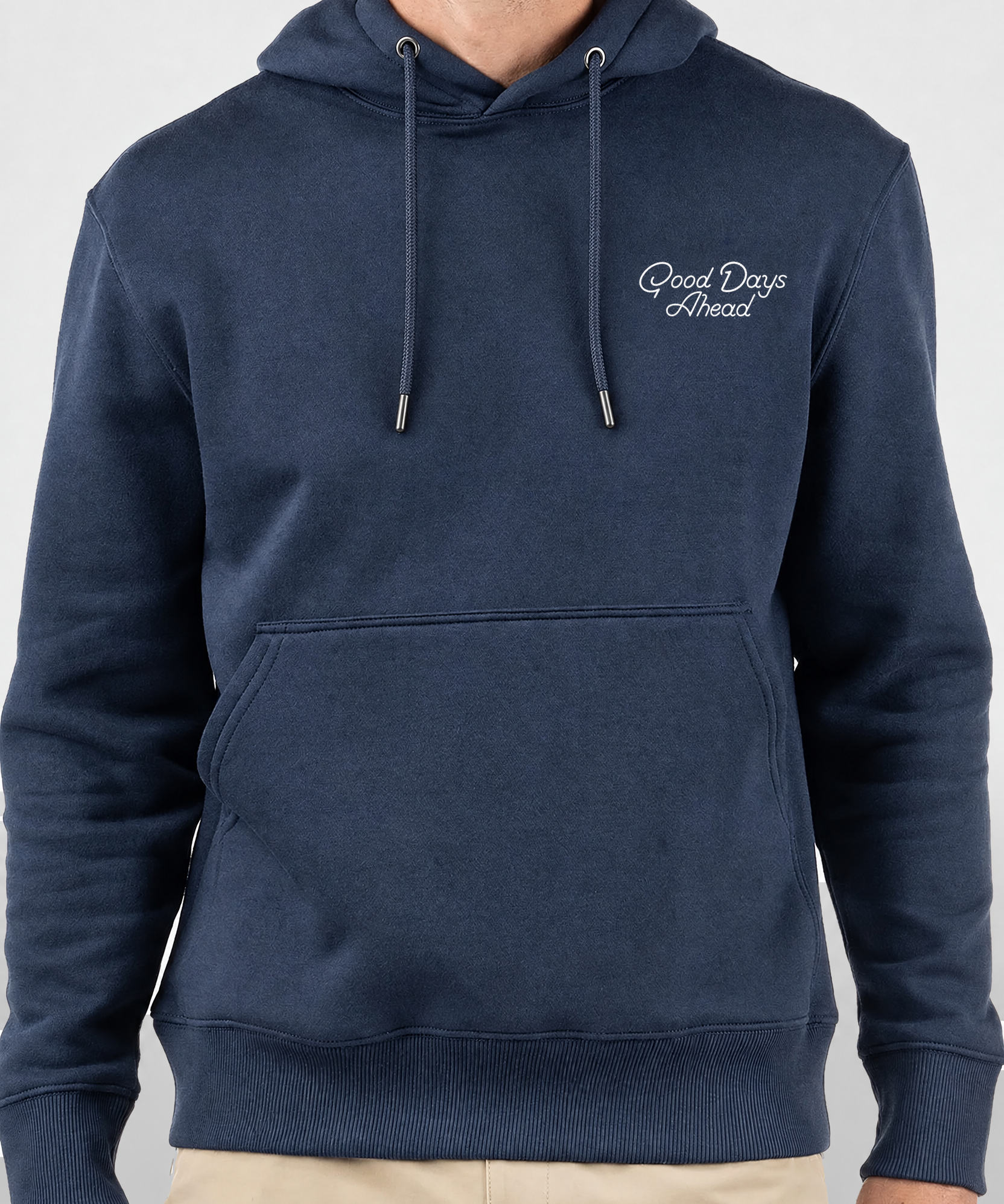 Good Days Ahead Fleece Hoodie in navy, front view on model with white Good Days Ahead chest print