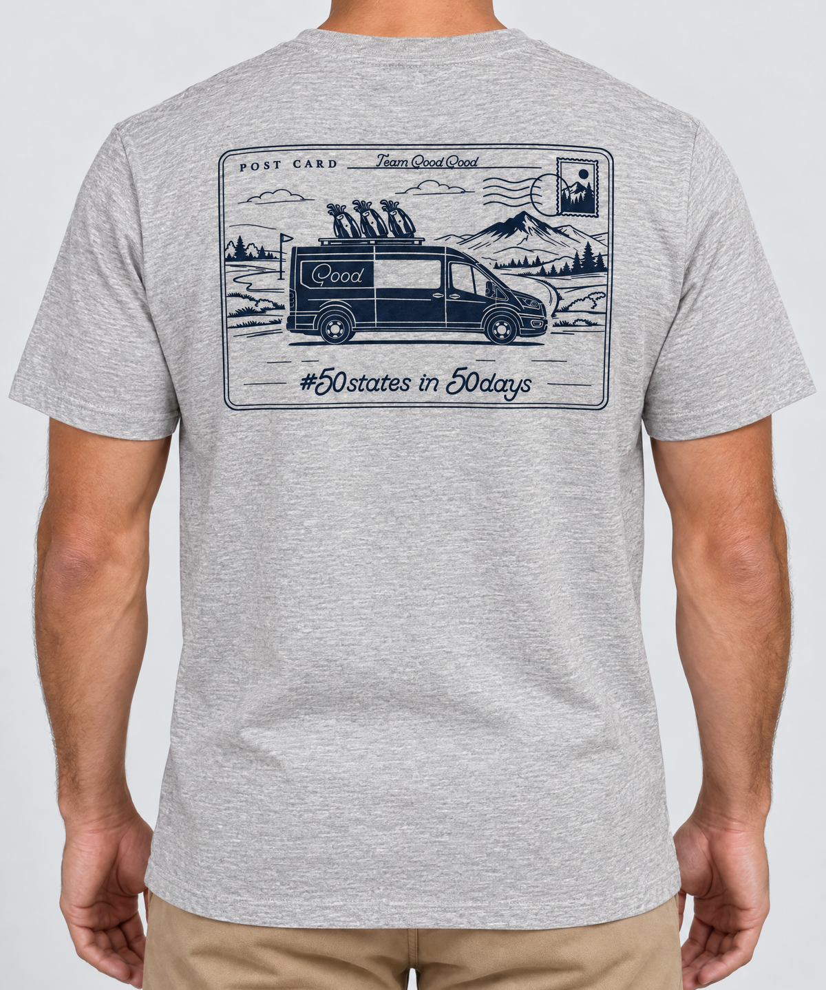 Grey Good Days Ahead T-Shirt back view with postcard graphic