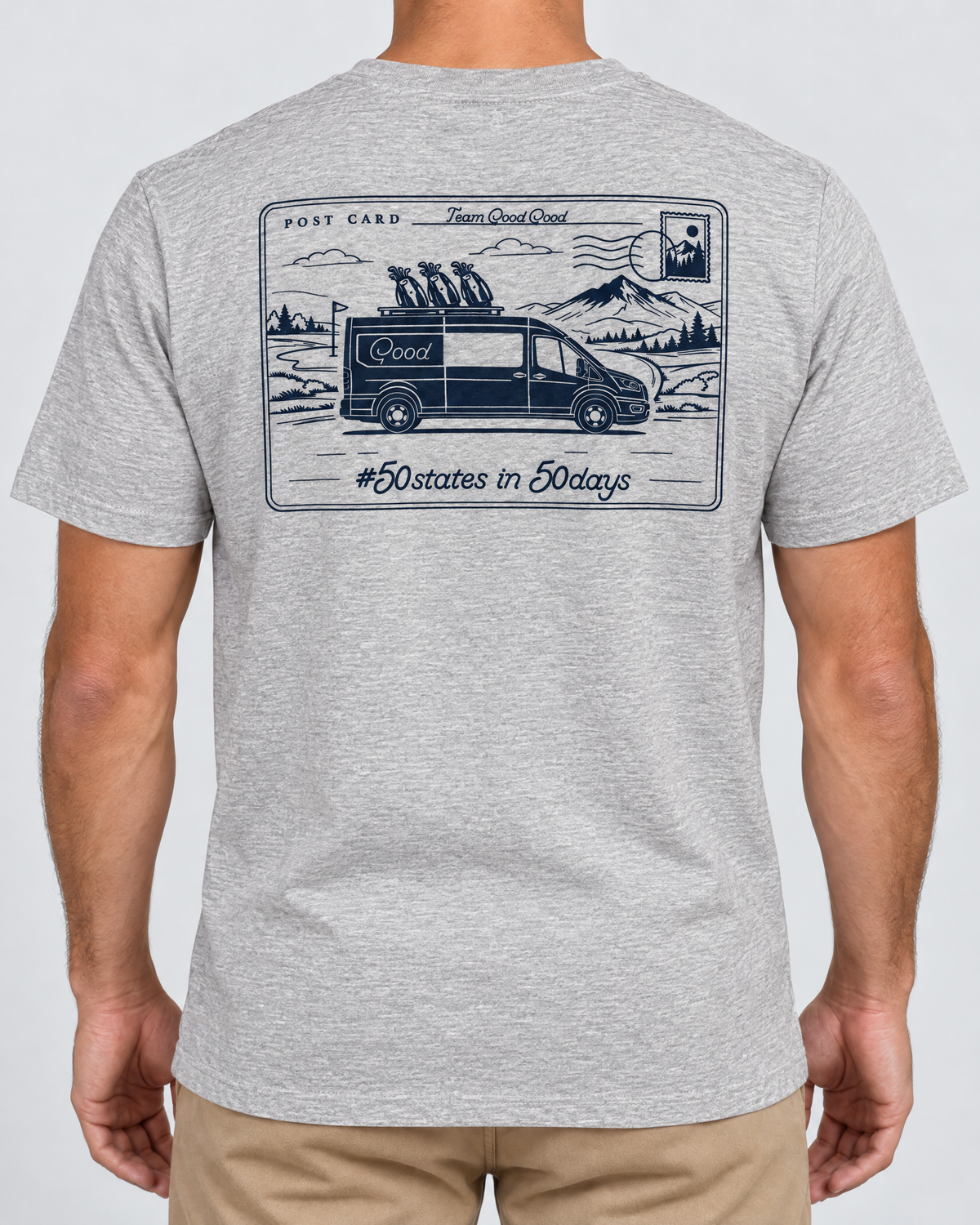 Grey Good Days Ahead T-Shirt back view with postcard graphic