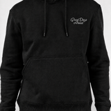 Keep Playing Fleece Hoodie in black, front view on model with white Good Days Ahead chest print