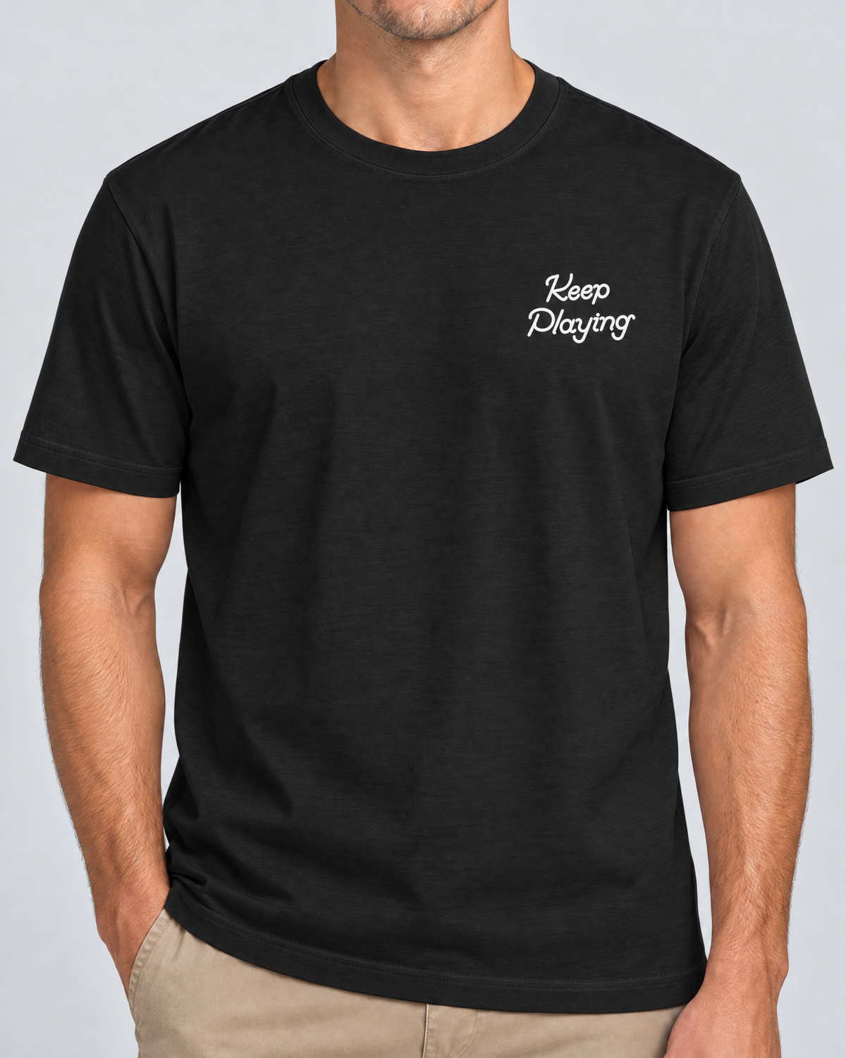 Keep Playing T-Shirt front view on model