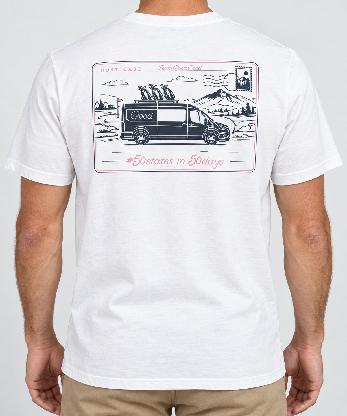 White Good Days Ahead T-Shirt back view with postcard graphic