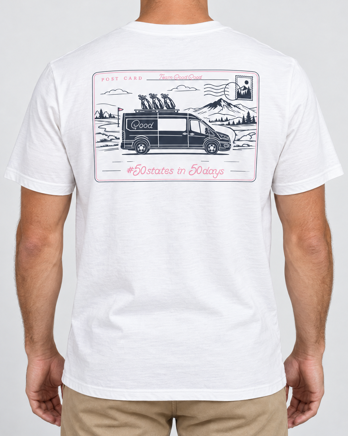 White Good Days Ahead T-Shirt back view with postcard graphic