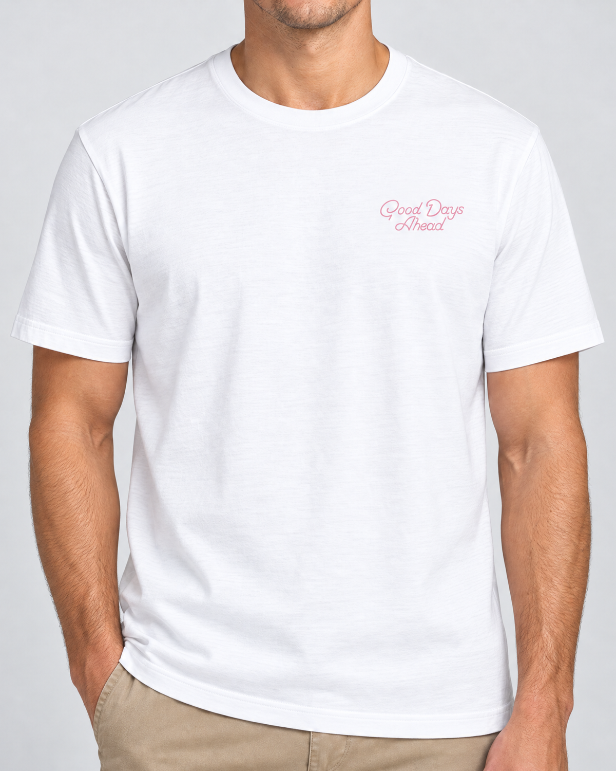 White Good Days Ahead T-Shirt front view on model
